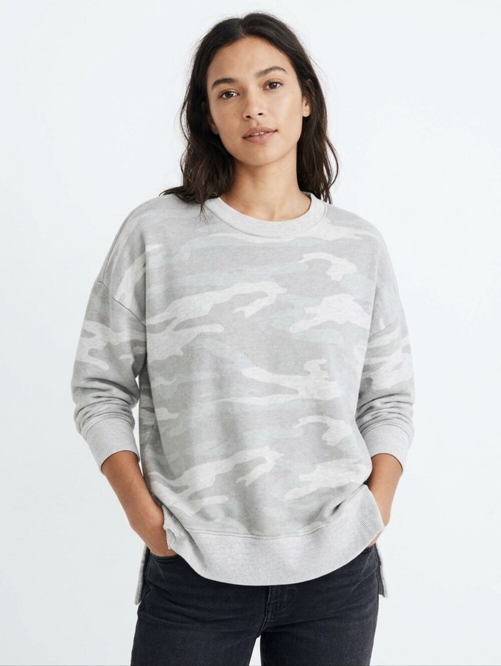 Aerie Camo Oversized Crewneck Sweatshirt Grey Camouflage Slit Hem S